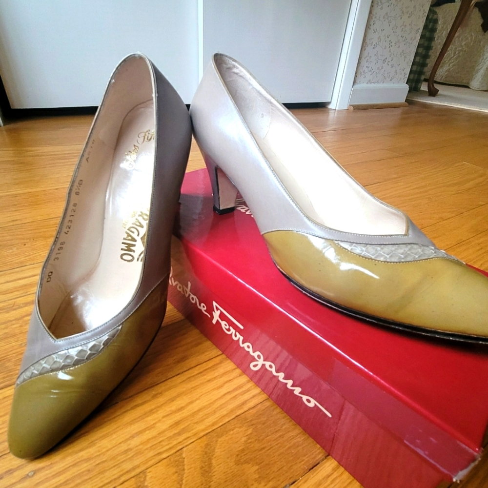 Ferragamo low-heeled pumps, taupe with olive green patent accents, 8.5, used.